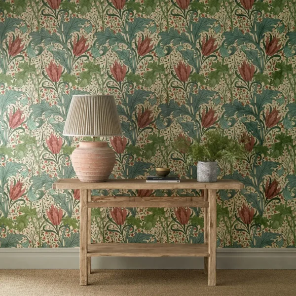 Lent Lily Wallpaper - Plum / Bayleaf by red botanical wallpaper and wall with side table and vases