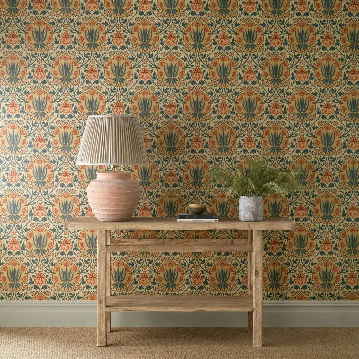 Iris & Rose Wallpaper - Indigo / Thyme by blue botanical wallpaper and wall with side table and vases