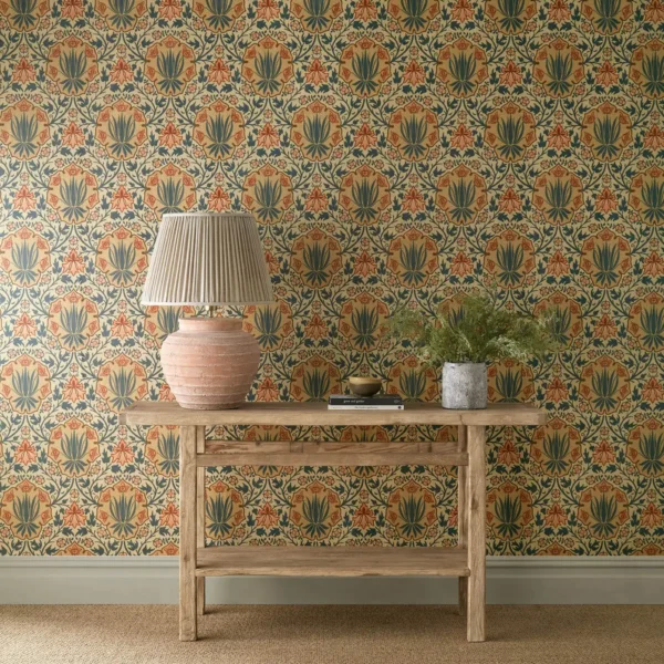 Iris & Rose Wallpaper - Indigo / Thyme by blue botanical wallpaper and wall with side table and vases
