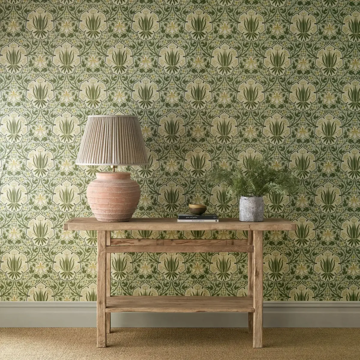 Iris & Rose Wallpaper - Bayleaf / Weld by green botanical wallpaper and wall with side table and vases