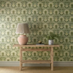 green botanical wallpaper and wall with side table and vases