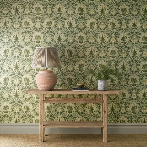 Iris & Rose Wallpaper - Bayleaf / Weld by green botanical wallpaper and wall with side table and vases