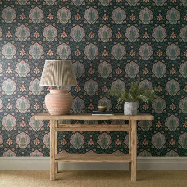 Iris & Rose Wallpaper - Indigo / Crimson by red botanical wallpaper and wall with side table and vases