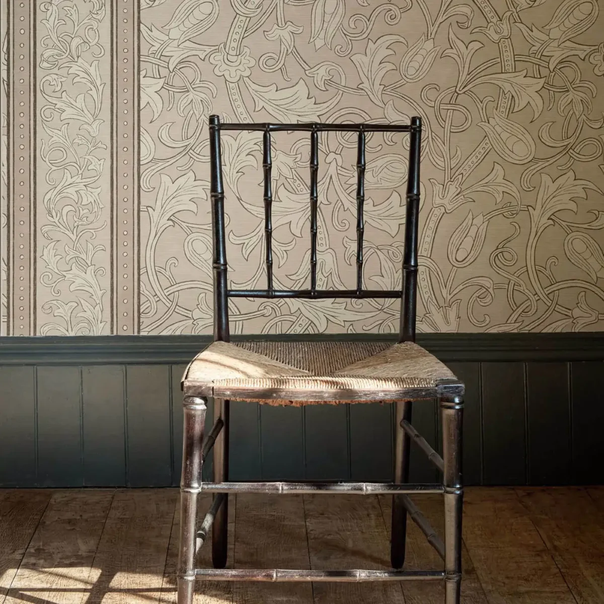 Etched Scrolling Tulip Wallpaper - Parchment by pink botanical wallpaper and wall with chair