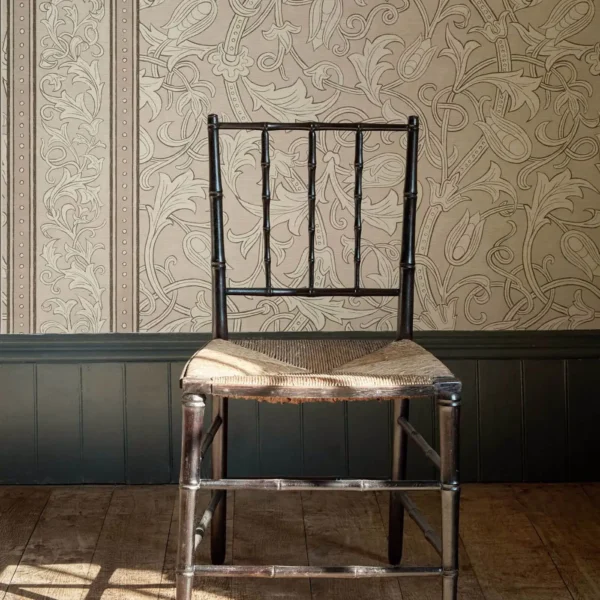 Etched Scrolling Tulip Wallpaper - Parchment by pink botanical wallpaper and wall with chair