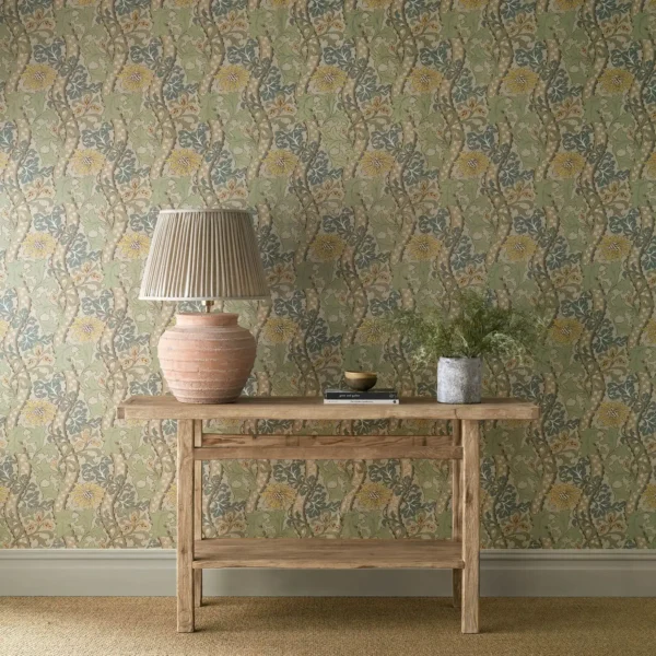 Cornflower Wallpaper - Lemon / Sage by green botanical wallpaper and wall with side table and vases