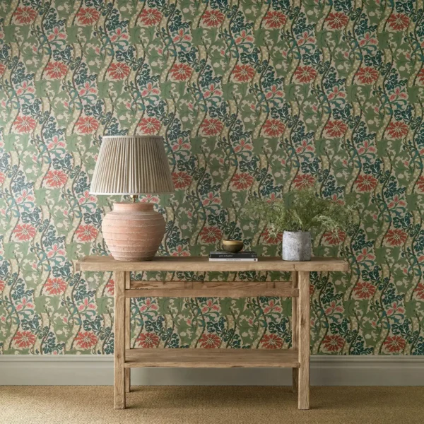 Cornflower Wallpaper - Madder / Forest by green botanical wallpaper and wall with side table and vases