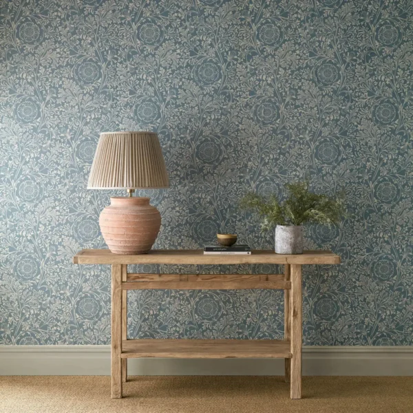 Chamomile Wallpaper - China Blue by blue botanical wallpaper and wall with side table and vases