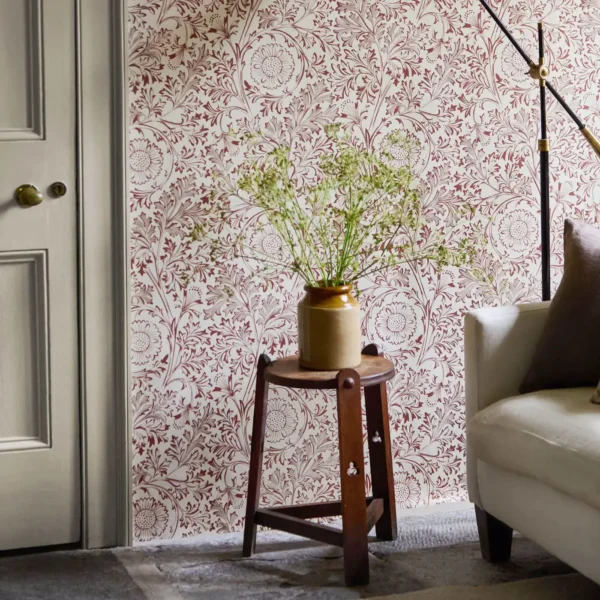 Chamomile Wallpaper - Flax / Madder by orange botanical wallpaper and wall with side table and door