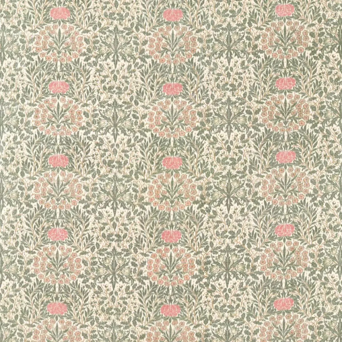 Daisy & Oak Warp Print Fabric - Forest / Rose by green botanical woven fabric from William Morris & Co