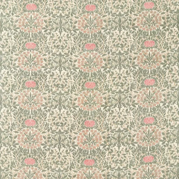 Daisy & Oak Warp Print Fabric - Forest / Rose by green botanical woven fabric from William Morris & Co