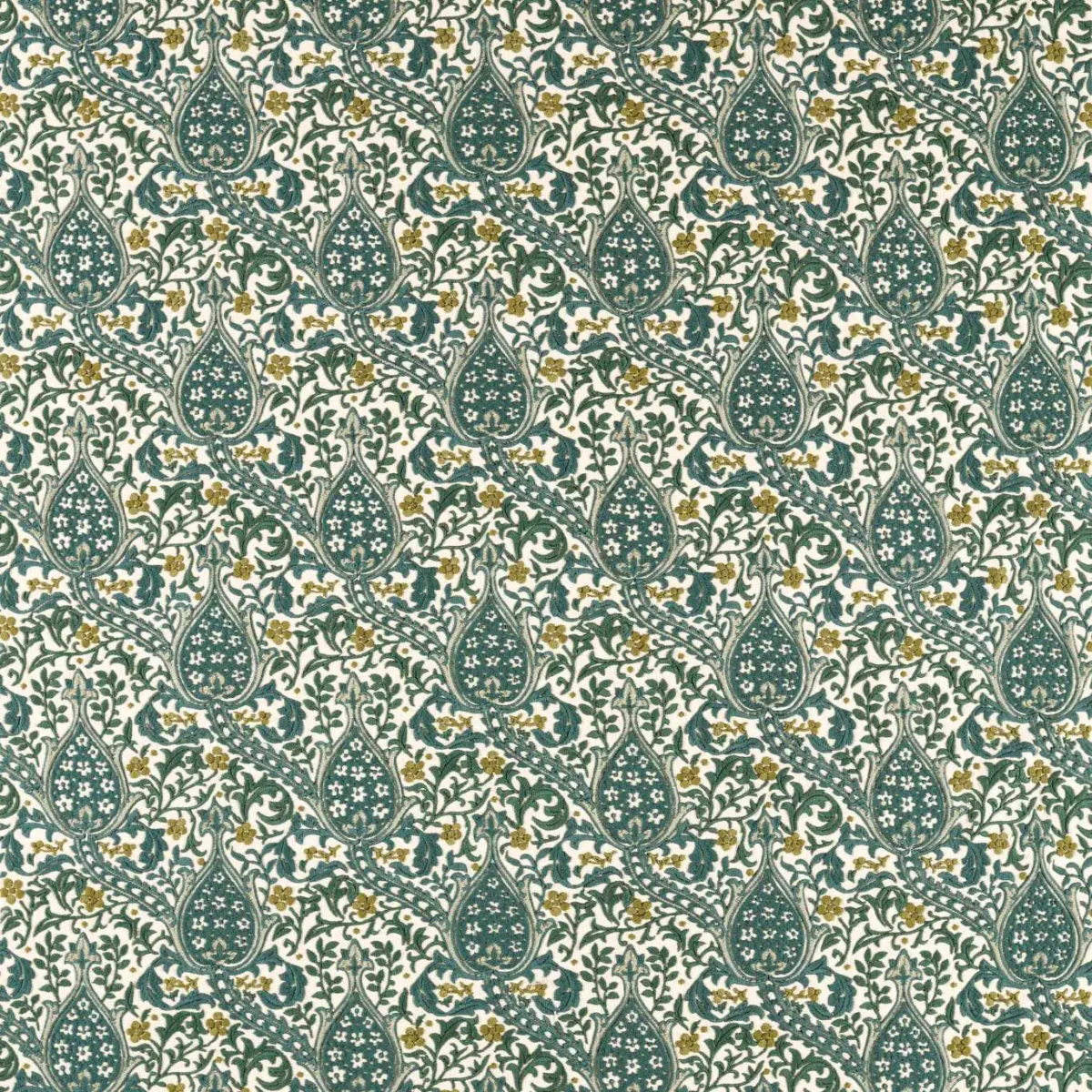 Persian Tulip Embroidery Fabric - Evergreen by green botanical embroideried fabric from William Morris & Co