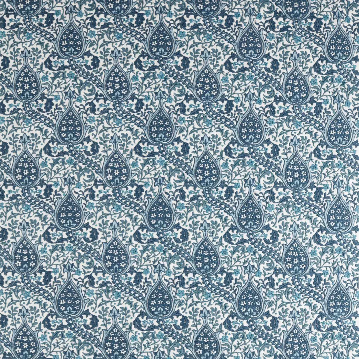 blue botanical embroideried fabric from William Morris & Co