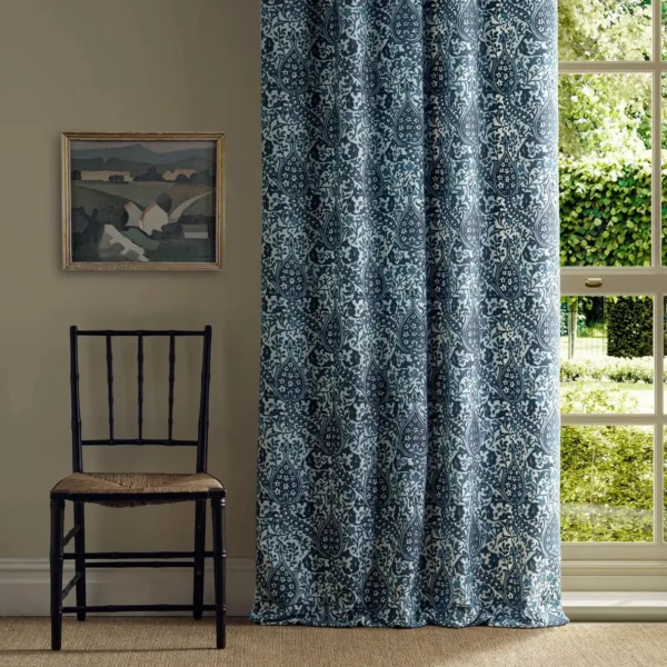 Persian Tulip Embroidery Fabric - Indigo by blue botanical curtain with chair and window