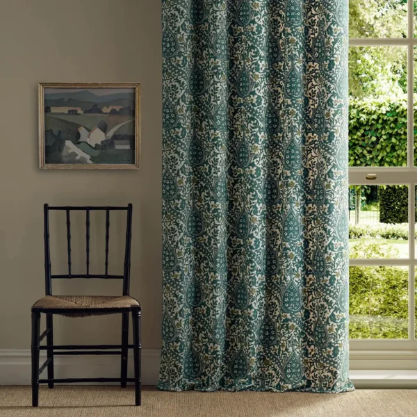 Persian Tulip Embroidery Fabric - Evergreen by green botanical curtain with chair and window