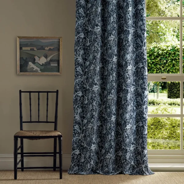 Clover & Vine Weave Fabric - Indigo by black-grey botanical curtain with chair and window