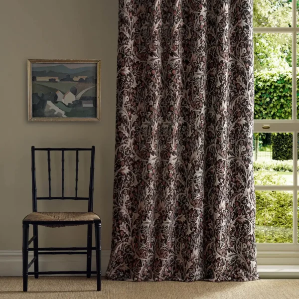 Clover & Vine Weave Fabric - Russet by black-grey botanical curtain with chair and window