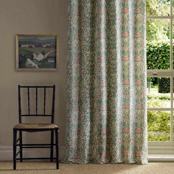 Daisy & Oak Warp Print Fabric - Forest / Rose by green botanical curtain with chair and window