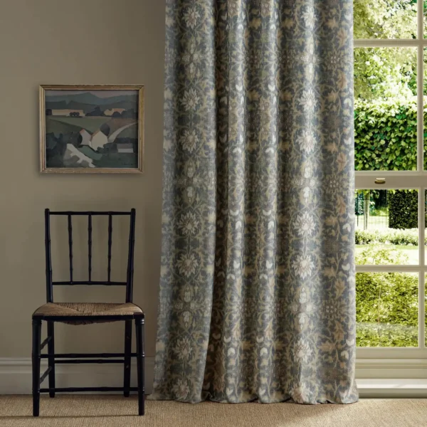 Wilton Warp Print Fabric - Indigo by blue botanical curtain with chair and window