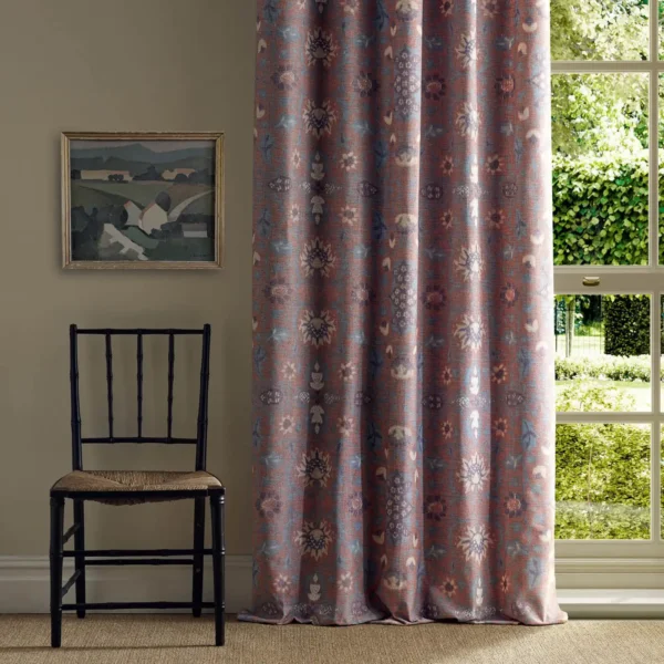 Wilton Warp Print Fabric - Madder by green botanical curtain with chair and window