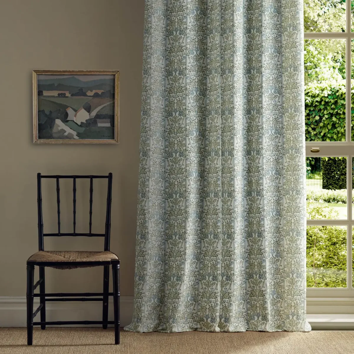 Oak & Blossom Fabric - Thyme / Woad by blue botanical curtain with chair and window