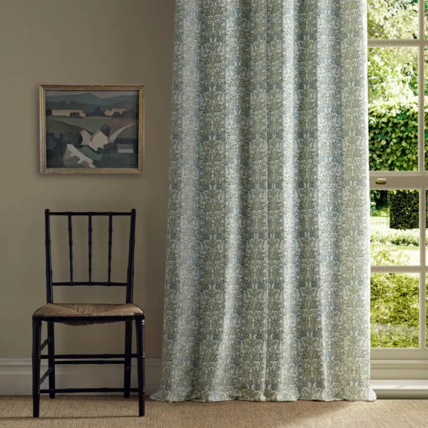 Oak & Blossom Fabric - Thyme / Woad by blue botanical curtain with chair and window