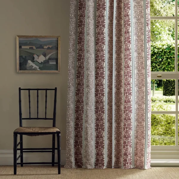 Oak & Blossom Weave Fabric - Madder by red striped curtain with chair and window