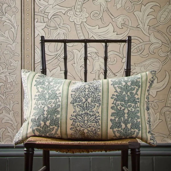 Oak & Blossom Weave Fabric - Green / Indigo by blue striped cushion with wall and chair