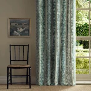 blue striped curtain with chair and window