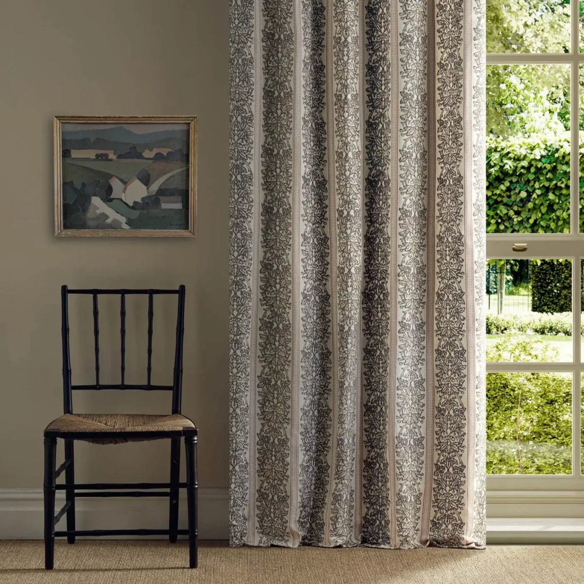 Oak & Blossom Weave Fabric - Chestnut by yellow striped curtain with chair and window
