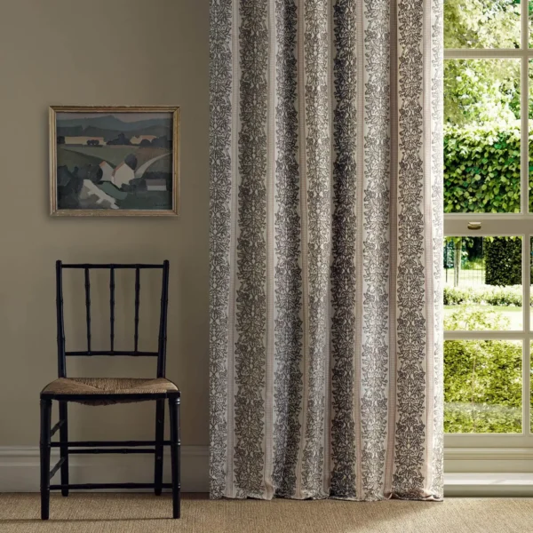 Oak & Blossom Weave Fabric - Chestnut by yellow striped curtain with chair and window