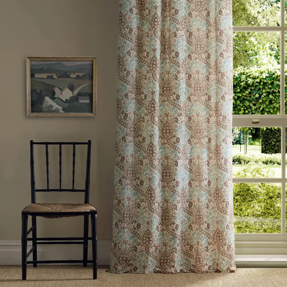 Persian Tulip Fabric - Umber / Mineral Blue by blue botanical curtain with chair and window