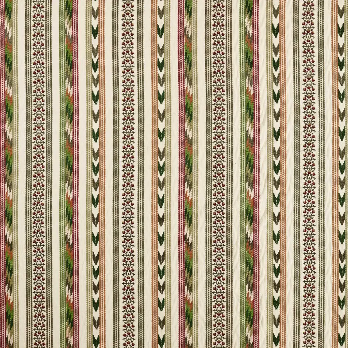 Bloomsbury Stripe Fabric - Forest / Madder by green striped woven fabric from William Morris & Co