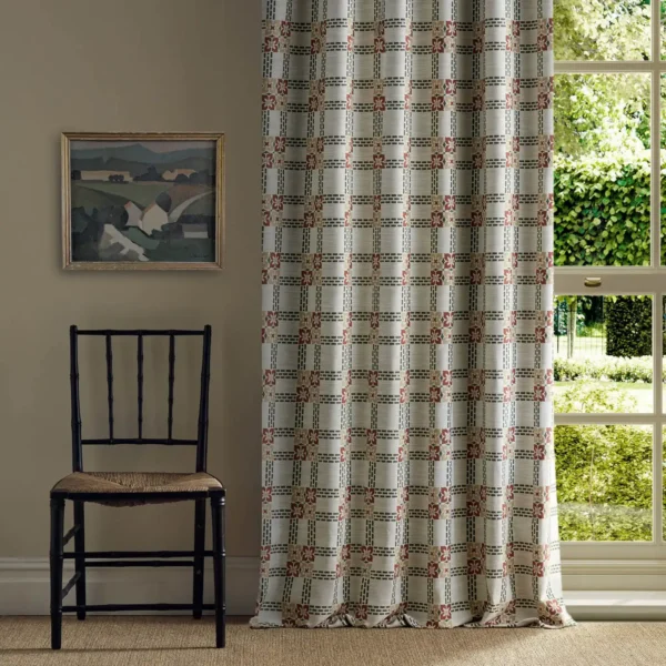 Wisley Weave Fabric - Russet / Thyme by red striped curtain with window and chair