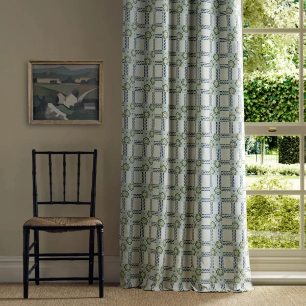 Wisley Weave Fabric - Indigo / Artichoke by green striped curtain with window and chair