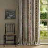 blue striped curtain with window and chair