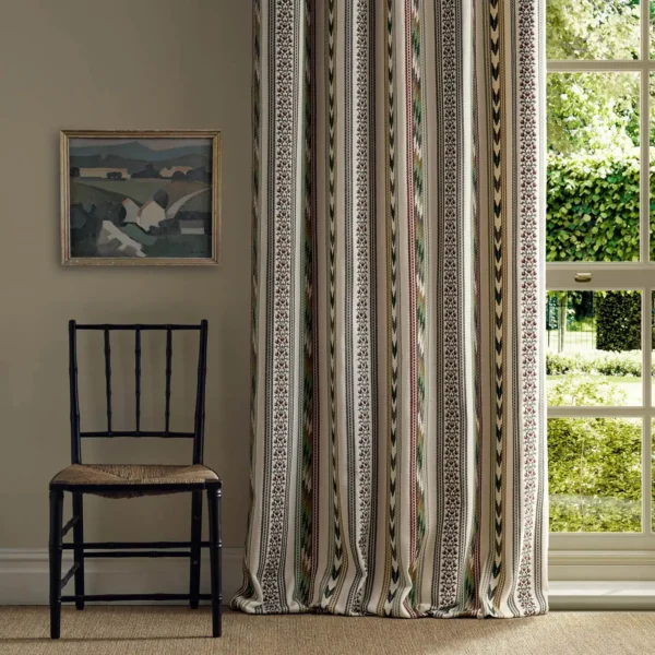Bloomsbury Stripe Fabric - Woad / Thyme by blue striped curtain with window and chair