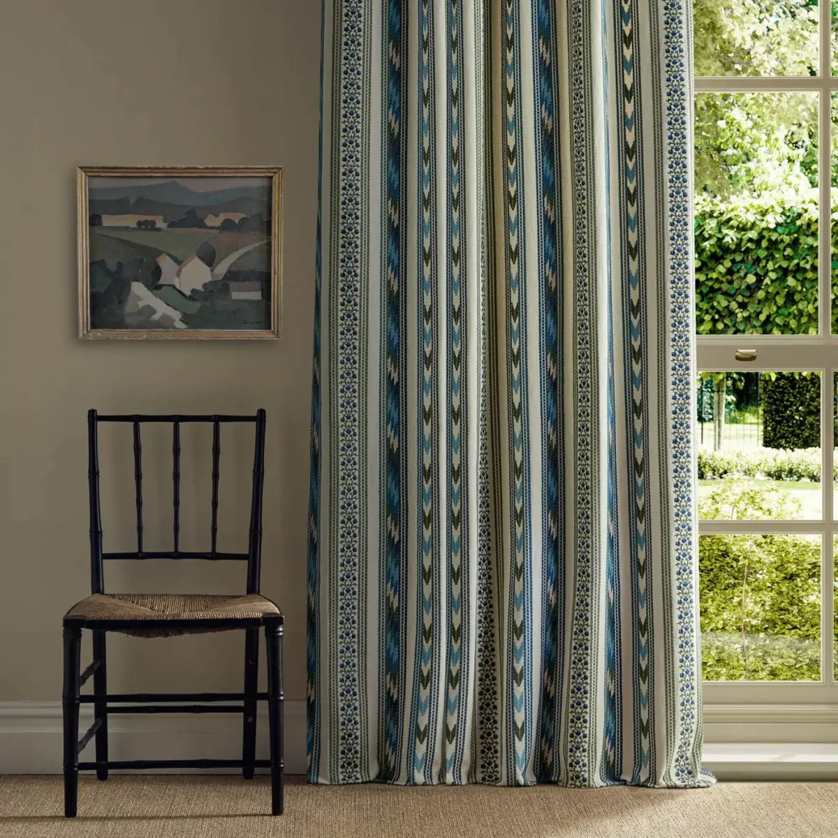 Bloomsbury Stripe Fabric - Forest / Madder by green striped curtain with window and chair