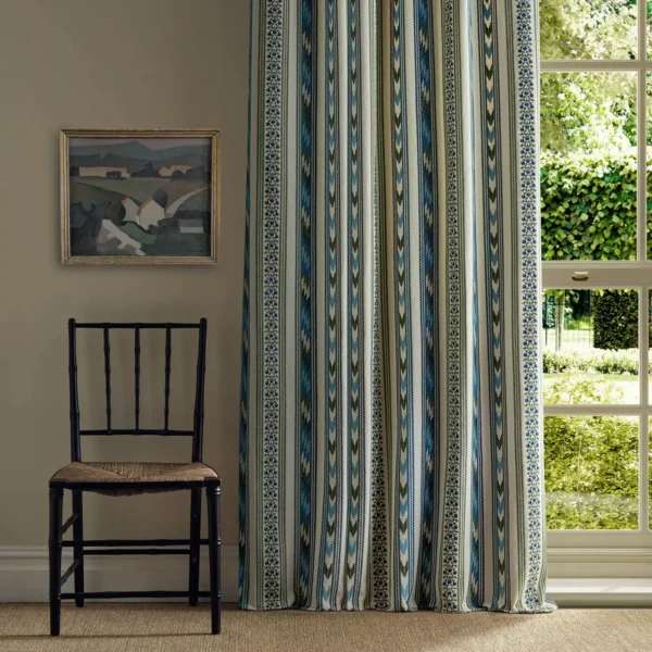 Bloomsbury Stripe Fabric - Forest / Madder by green striped curtain with window and chair