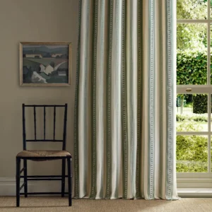 green striped curtain with window and chair
