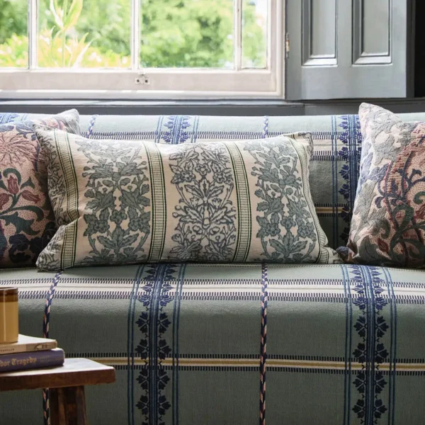 Hanover Check Fabric - Teal / Indigo by green striped sofa with cushion and window