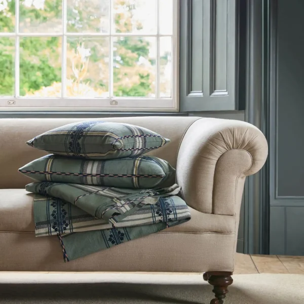 Hanover Check Fabric - Teal / Indigo by green striped cushion with sofa and window