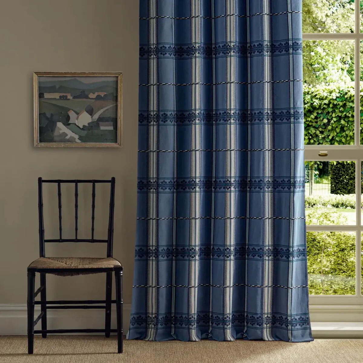 Hanover Check Fabric - Indigo by blue striped curtain with window and chair