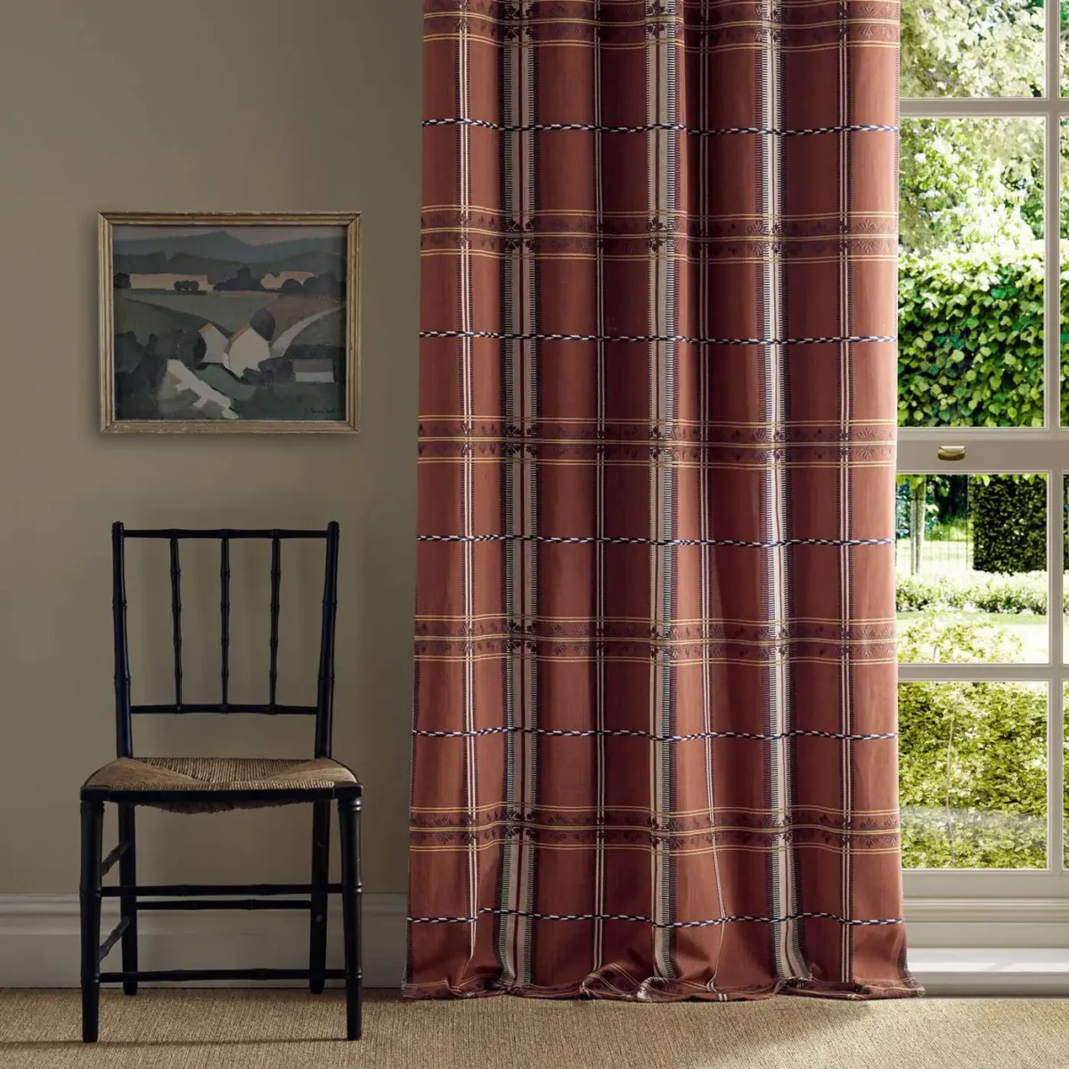 Hanover Check Fabric - Madder by red striped curtain with window and chair