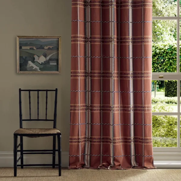 red striped curtain with window and chair