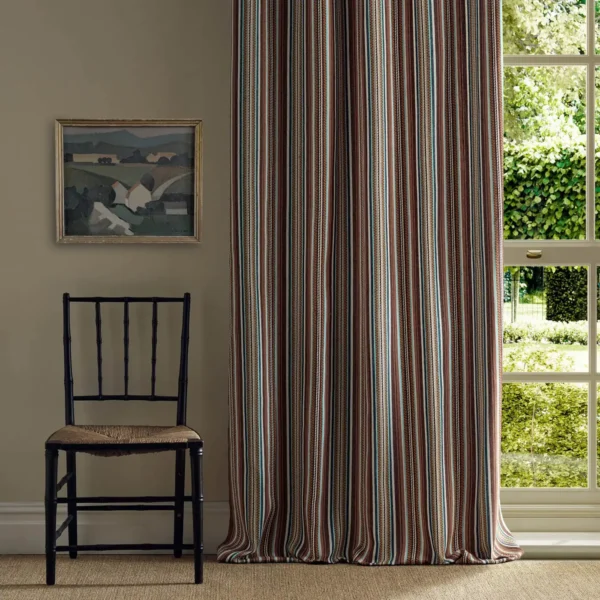 Woodford Stripe Fabric - Mulberry by multicolour striped curtain with window and chair