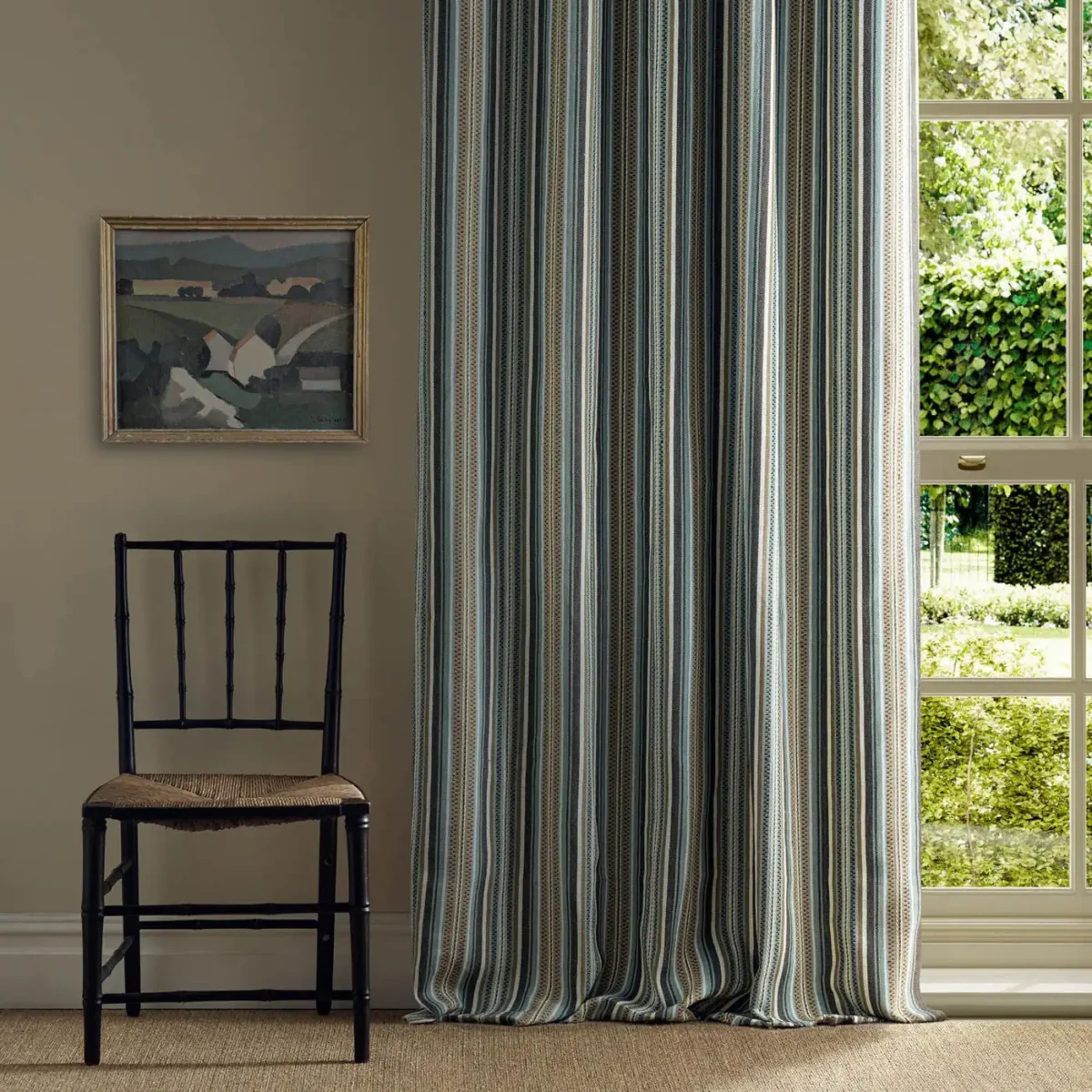 Woodford Stripe Fabric - Teal by multicolour striped curtain with window and chair