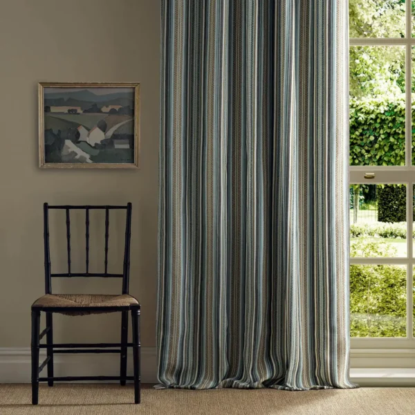 Woodford Stripe Fabric - Teal by multicolour striped curtain with window and chair