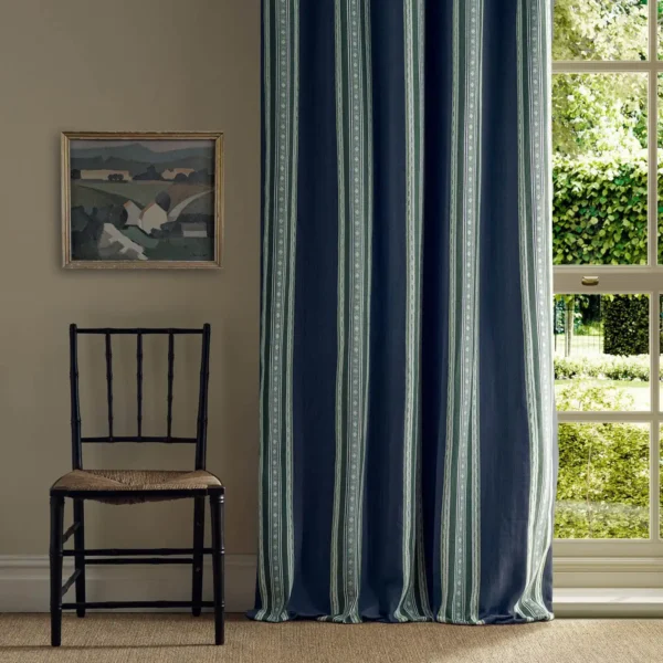 Pimlico Stripe Fabric - Indigo / Forest by blue striped curtain with window and chair