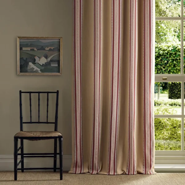 Pimlico Stripe Fabric - Ochre / Crimson by red striped curtain with window and chair